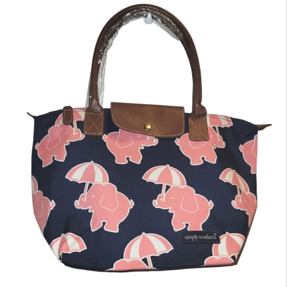 Simply Southern Canvas Tote Bag Blue Pink Elephant Beachy  NWT